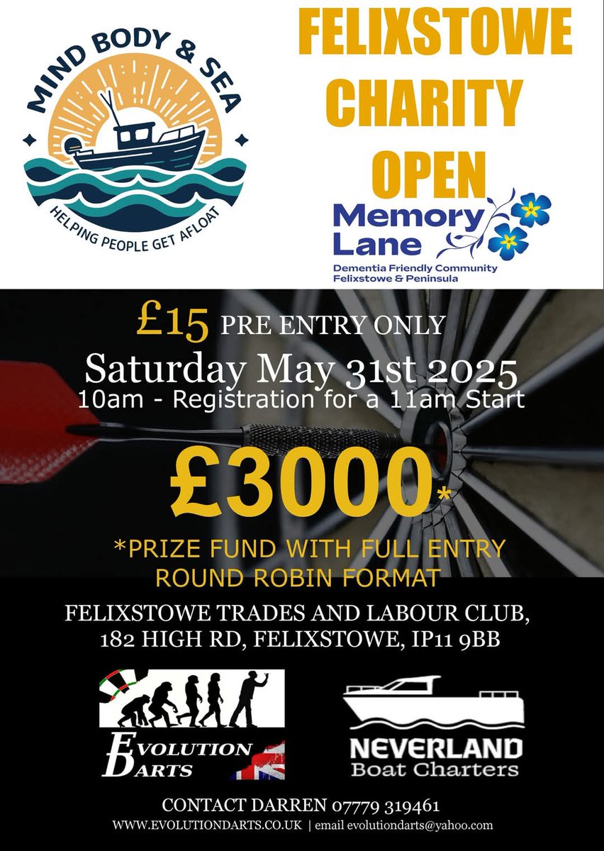 Still a few spaces in this great Charity comp, £3000 to the winner and prize money paid down to the quater finals, pre entry contact us now <a href="/SuffolkDarts/">Suffolk Darts</a> <a href="/YouthSudbury/">Sudbury Youth Elite1 Darts Academy</a> <a href="/JoLocke9/">Jo Locke</a> <a href="/TheDartsReferee/">Jack Langston | The Darts Referee</a> <a href="/MatadorDarts/">Kurt @ MatadorDarts.com</a>
