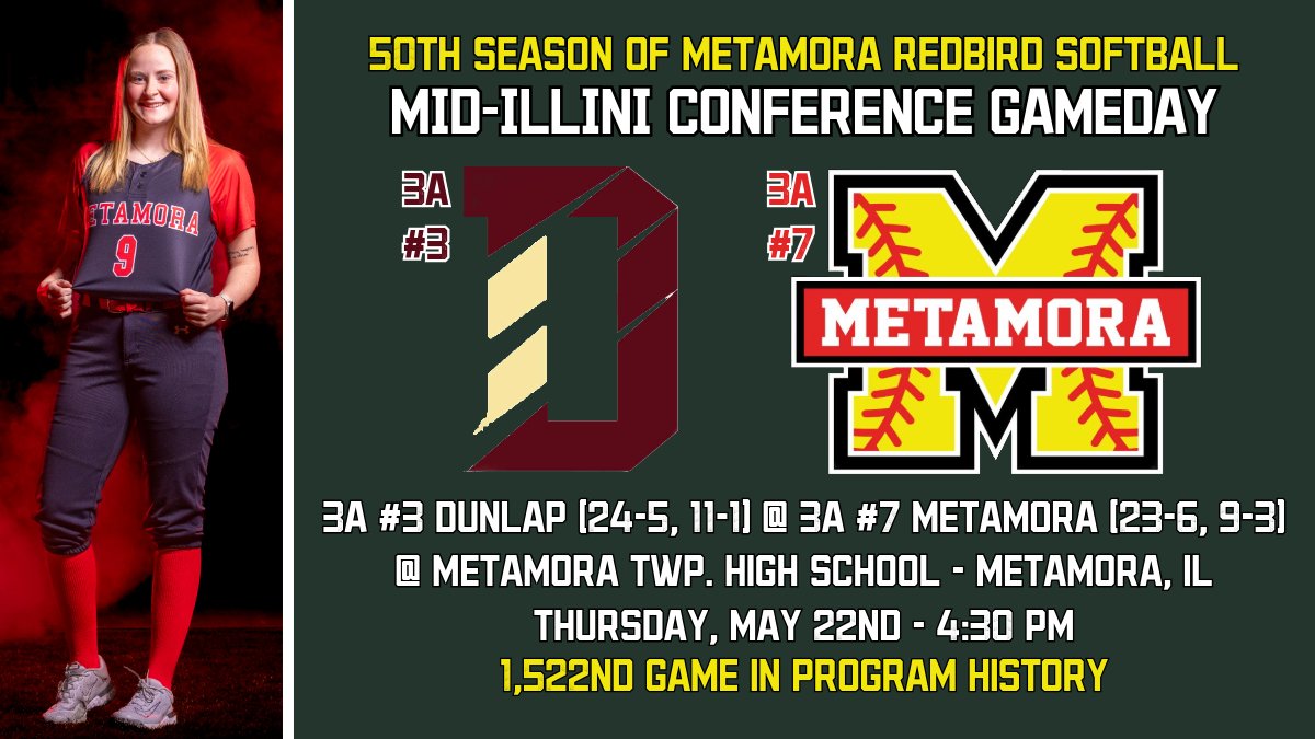 StaabAlex's tweet photo. A fun conference battle to come check out at home!

🥎 | 3A #7 @SoftballMTHS 
🆚 | 3A #3 Dunlap 
📍 | MTHS
🕰️ | 4:30 PM
☁️ | 56 degrees, cloudy, 13mph wind RF to LF
📺 | https://t.co/1f6uMbKW8u
📊 | GameChanger; "Metamora Varsity Redbirds"

#ONE #pjspreps https://t.co/fmAYzs3hAb