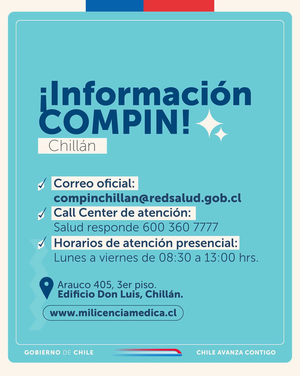 𝐈𝐧𝐟𝐨𝐫𝐦𝐚𝐜𝐢𝐨́𝐧 𝐢𝐦𝐩𝐨𝐫𝐭𝐚𝐧𝐭𝐞 𝐬𝐨𝐛𝐫𝐞 𝐂𝐎𝐌𝐏𝐈𝐍 📢
✅  Si necesitas realizar trámites relacionados con licencias médicas, subsidios y otros servicios de COMPIN, ten en cuenta estos datos.