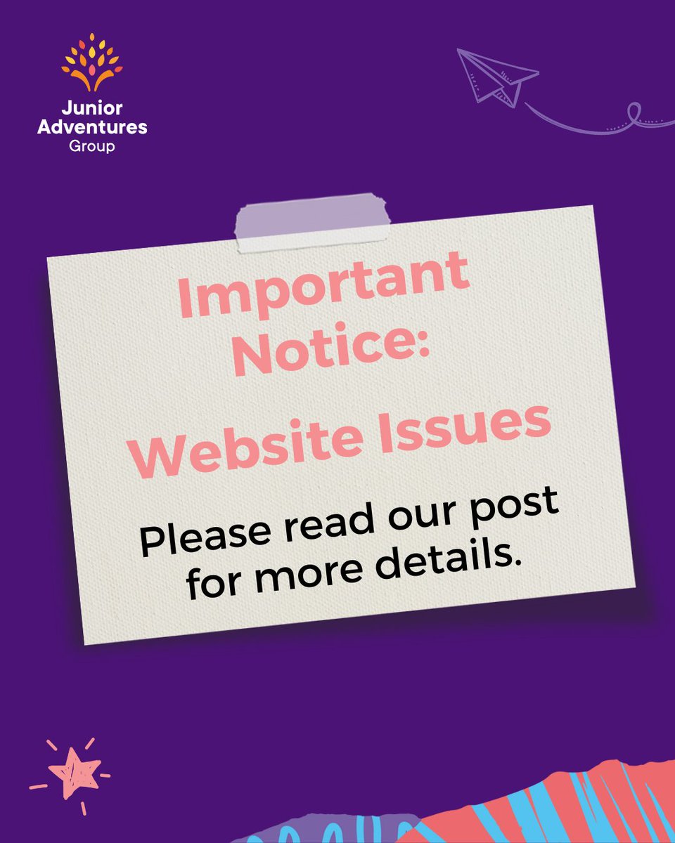 We're aware that some users are currently experiencing issues accessing our website. While not everyone is affected, we're working to resolve.
 
If you’re having trouble reaching the website, you can go straight to our booking system here: bookings.junioradventuresgroup.co.uk/Identity/Accou…