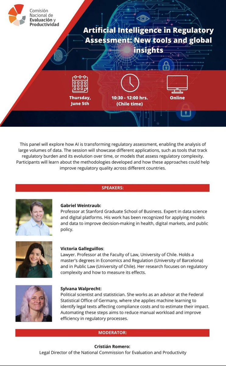 Raphael Bergoeing (@rbergoeingv) on Twitter photo Inteligencia artificial para evaluación regulatoria. Junio 5, 10:30-12:00 hrs. <a href="/cnepchile/">Comisión Nacional de Evaluación y Productividad</a> Inteligencia artificial para evaluación regulatoria. Junio 5, 10:30-12:00 hrs. <a href="/cnepchile/">Comisión Nacional de Evaluación y Productividad</a>