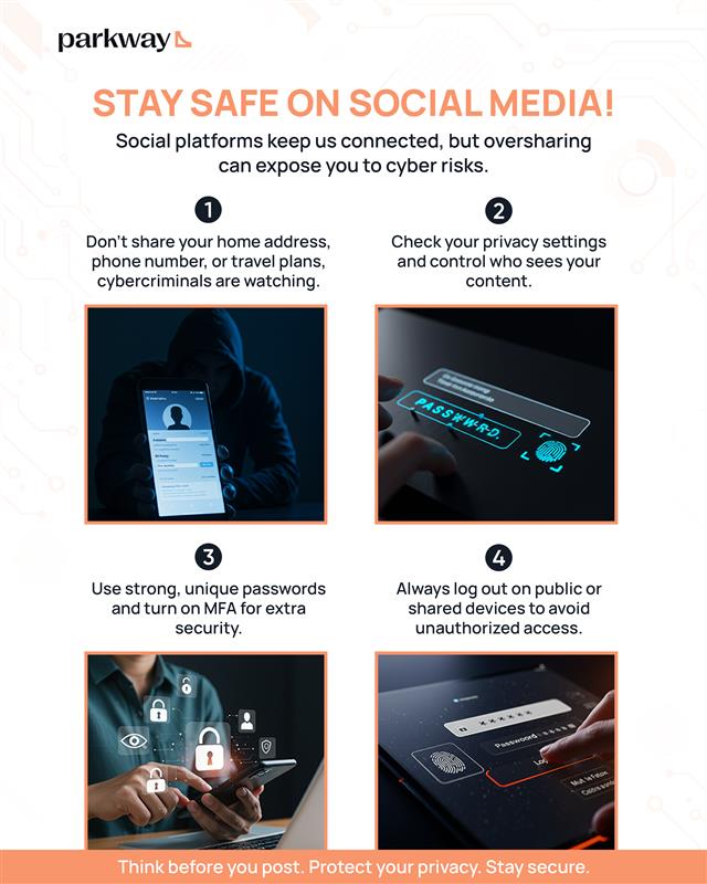 Stay safe on social media!
Here are some important tips to avoid cyber risk.

.
#parkwaywallet #staysafeonline #cybersecuritytips
