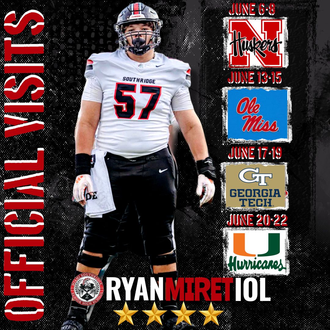 Humberto J. Miret (@hmiret78) on Twitter photo The Miret Family is ready to embark in the Official Visit process with Ryan. <a href="/HuskerFootball/">Nebraska Football</a> <a href="/OleMissFB/">Ole Miss Football</a> <a href="/GTFootball/">Georgia Tech Football</a> <a href="/CanesFootball/">Miami Hurricanes Football</a> <a href="/64AMDG/">LeCharles Bentley</a> The Miret Family is ready to embark in the Official Visit process with Ryan. <a href="/HuskerFootball/">Nebraska Football</a> <a href="/OleMissFB/">Ole Miss Football</a> <a href="/GTFootball/">Georgia Tech Football</a> <a href="/CanesFootball/">Miami Hurricanes Football</a> <a href="/64AMDG/">LeCharles Bentley</a>