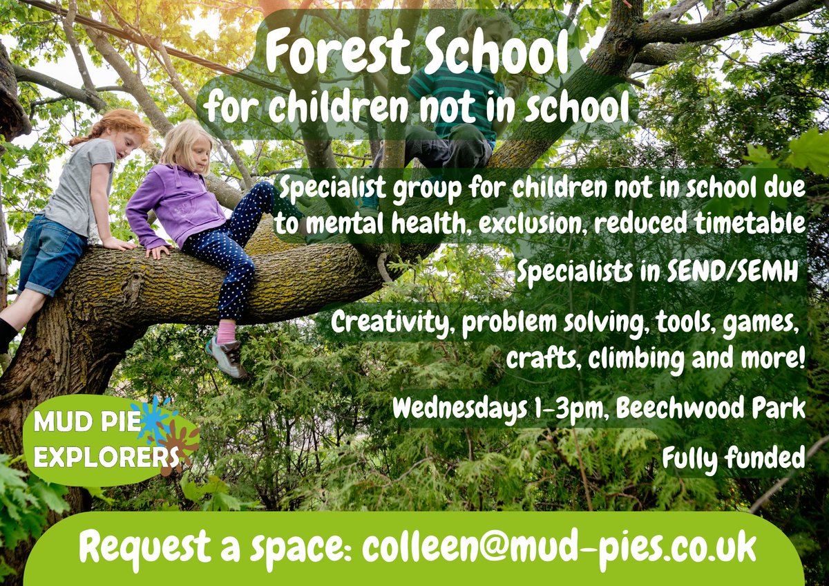 Do you have a child in Newport not in school? New group for children not currently in school due to mental health issues, EBSA, exclusion, reduced timetable, or awaiting placement. Wednesdays 1-3pm, Beechwood Park. Fully funded! Email colleen@mud-pies.co.uk.
