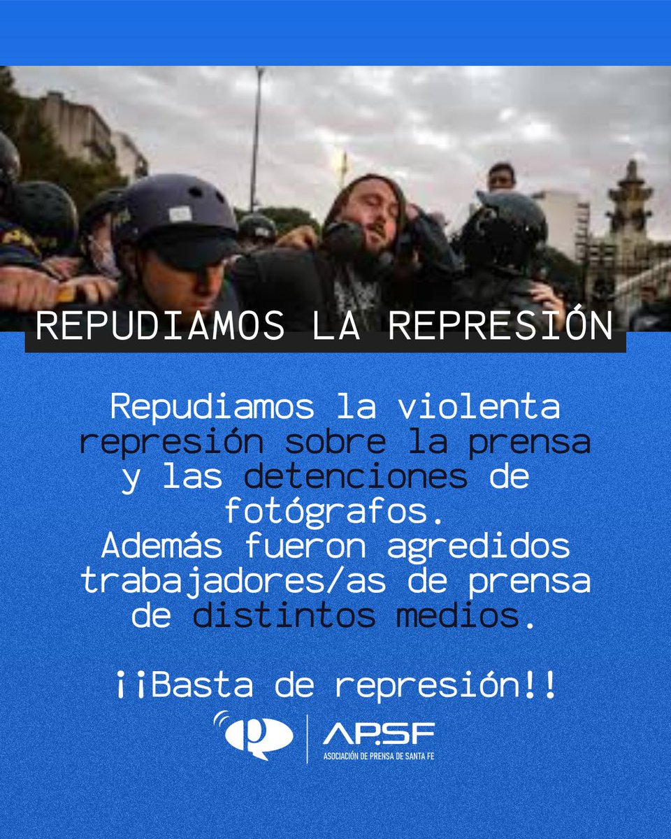 PrensaSantaFe's tweet photo. ❌Repudiamos la violenta represión sobre la prensa y las detenciones de los fotógrafos Tomás Cuesta y Javier Iglesias en la habitual manifestación de Jubilados de los miércoles en CABA
❌Además fueron agredidos trabajadores/as de prensa de distintos medios como IP y La Nación+⬇️ https://t.co/yra3Kag0A5