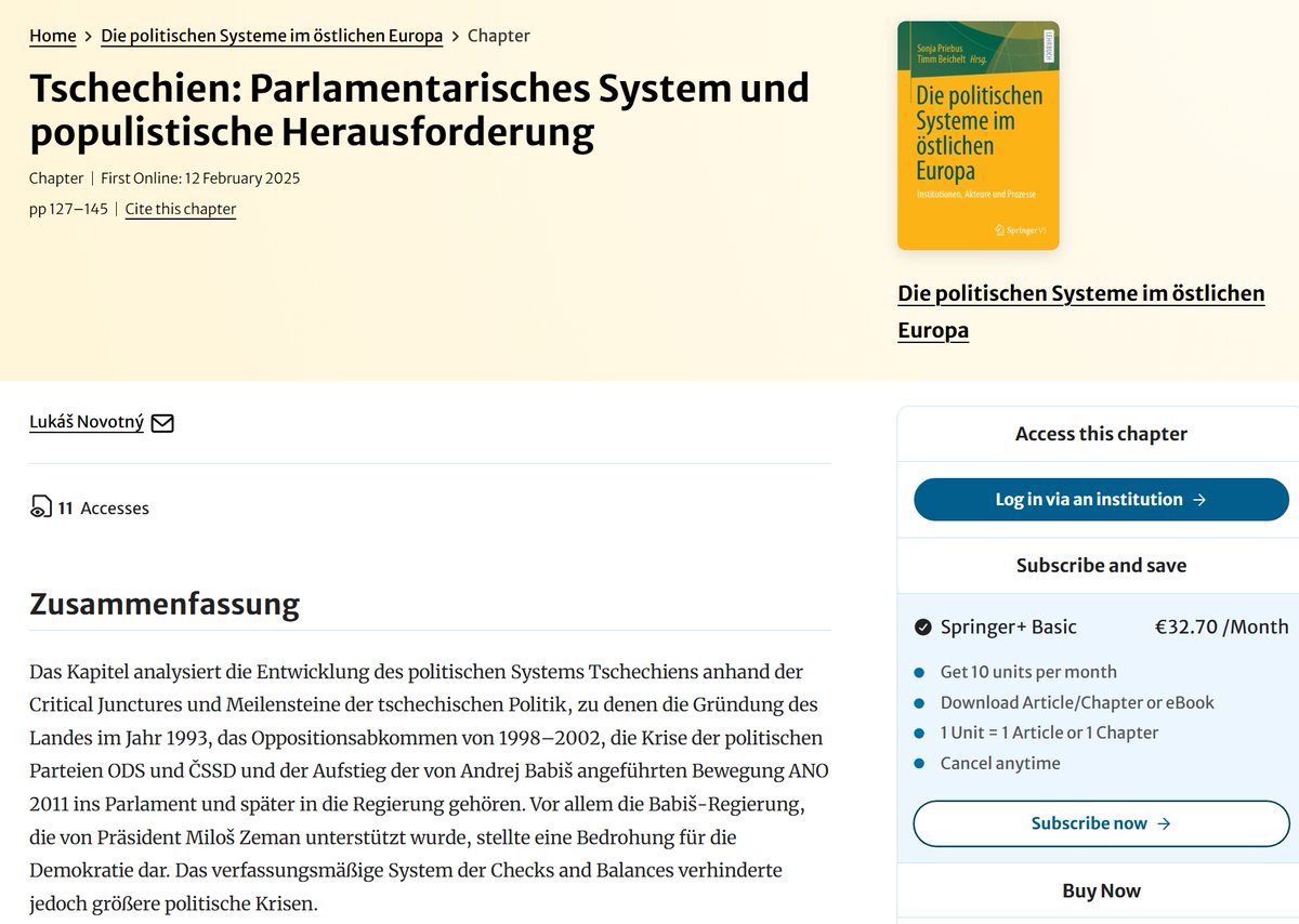 Náš kolega - Lukáš Novovotný <a href="/novotny_l/">Lukas Novotny</a> - publikoval studii "Tschechien: Parlamentarisches System und populistische Herausforderung" v monografii věnované vývoji politických systémů zemí východní Evropy: link.springer.com/chapter/10.100…?