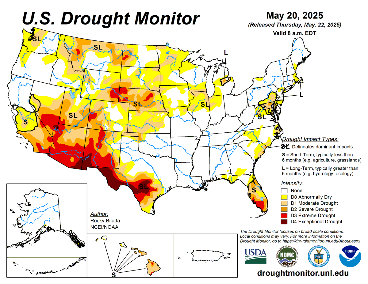 jpmccormick3's tweet photo. Drought Monitor Map released: May 22, 2025 &amp; One week changes https://t.co/YIzkdBTqAq