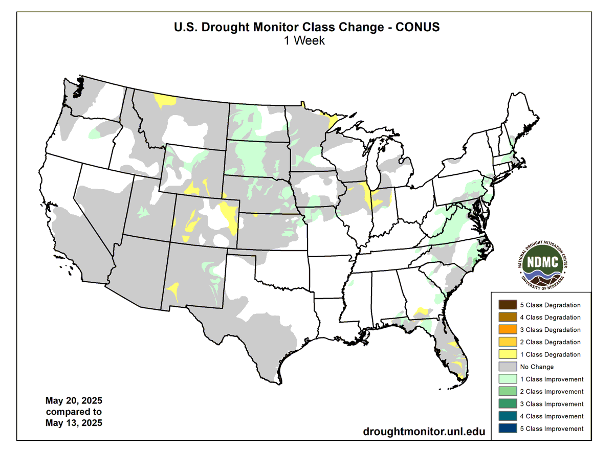 jpmccormick3's tweet photo. Drought Monitor Map released: May 22, 2025 &amp; One week changes https://t.co/YIzkdBTqAq