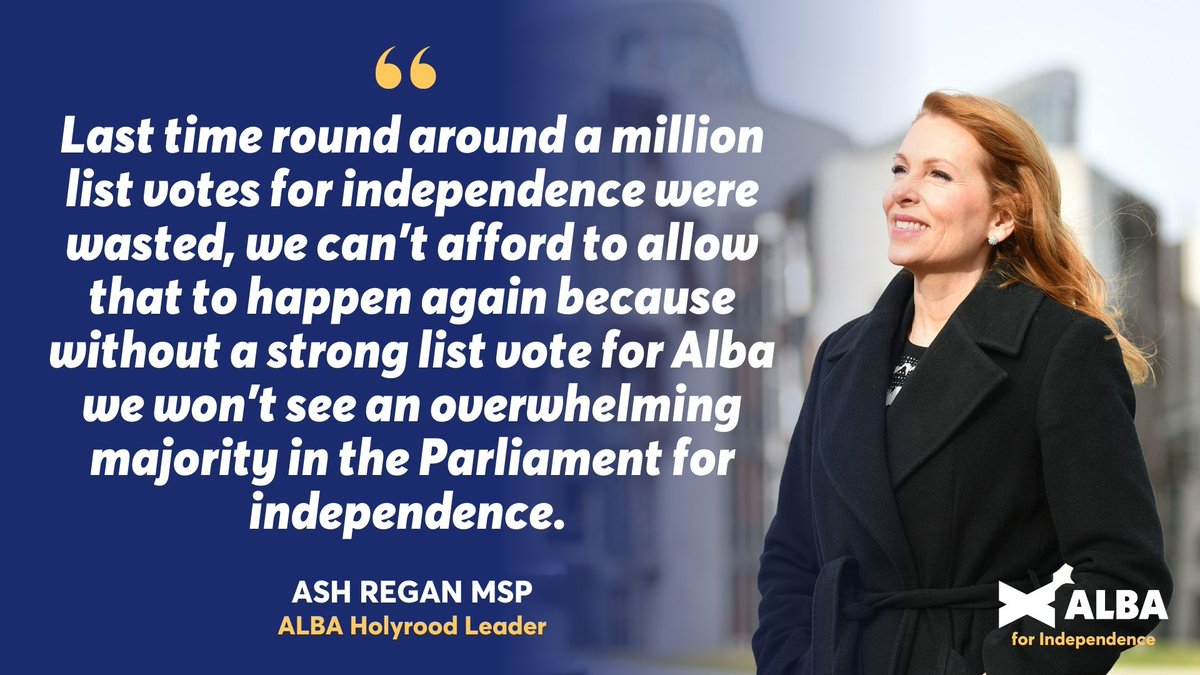 ALBA Party (@albaparty) on Twitter photo 🗳️ At the next election, we will be asking Nationalists to back ALBA on the List to cut the number of Unionist MSPs in half and ensure a pro-Independence majority in the Scottish Parliament.
#ListVoteALBA | <a href="/AshReganMSP/">Ash Regan MSP</a> 🗳️ At the next election, we will be asking Nationalists to back ALBA on the List to cut the number of Unionist MSPs in half and ensure a pro-Independence majority in the Scottish Parliament.
#ListVoteALBA | <a href="/AshReganMSP/">Ash Regan MSP</a>