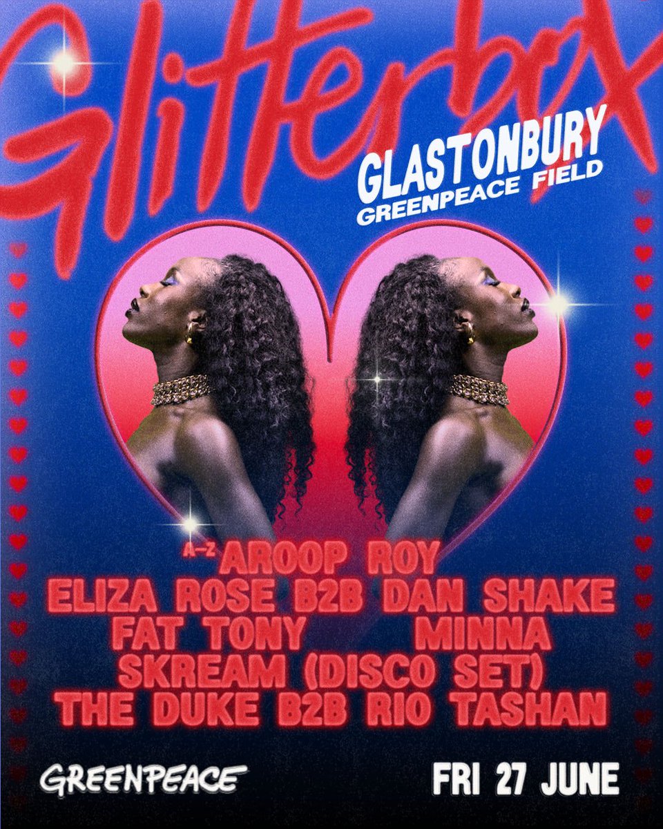 Glitterbox's tweet photo. Glastonbury 🤝 Glitterbox 

We make our return to one of the world’s most iconic festivals, see you in the Greenpeace field June 27th 🫶

#Glitterbox #Glastonbury #greenpeacefield #greenpeacefield25 #greenpeaceuk #greenpeace #ravetree #greenpeaceravetree https://t.co/CXlamgA9uB