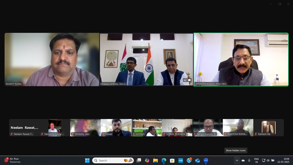 FieoHq's tweet photo. #FIEO with the support of @IndiaInLebanon organised a virtual session on Doing Business with Lebanon on May 22, 2025. 💻📅
HE Md Noor Rahman Sheikh, Ambassador of India to Lebanon, shared an insightful overview of Lebanon’s #EconomicPotential 📈, encouraging Indian #SMEs to explore emerging opportunities in Construction 🚧, Textiles 👗, Food & Agriculture 🍲🌾, and Medical Tourism 🏥✈️. He also highlighted Lebanon’s business-friendly ecosystem and stressed the importance of people-to-people ties 🤝, skill development 🎓, and technology exchange 💡 for sustainable collaboration.
The session also saw participation from key officials including Mr K Unnikrishnan, Jt DG, FIEO; Mr Ajay Kumar, Second Secy (Commerce), Embassy of India, Beirut and Mr Rohit Tejpal, Dy Director, FIEO, who reaffirmed institutional support for expanding India-Lebanon trade relations. 🇮🇳🤝🇱🇧
#IndiaLebanon #SMEDevelopment #BilateralRelations #WANAINDIA #EconomicPartnership #BusinessWithLEBANON #INDIAINBEIRUT #FIEO60 #FIEODJC2025 #FIEODiamondJubilee #DiamondJubileeCelebrations
@dgftindia @DoC_GoI @minmsme