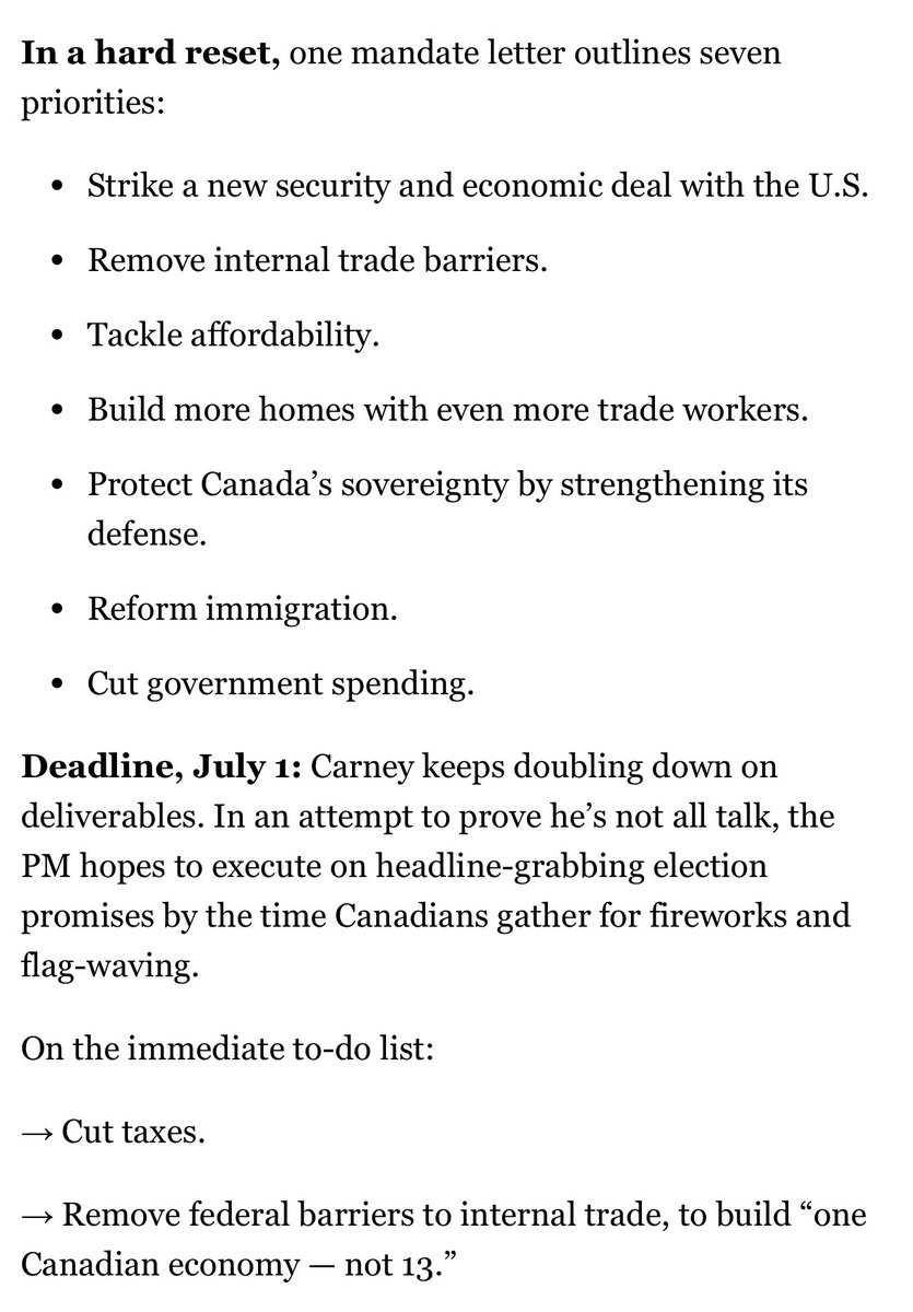 Prime Minister Mark Carney has released a single streamlined mandate letter to his ministry, another tone shift from Trudeau, who had detailed thoughts for each of his ministers.

The PM’s seven priorities below 👇🏻 
politico.com/newsletters/ca…