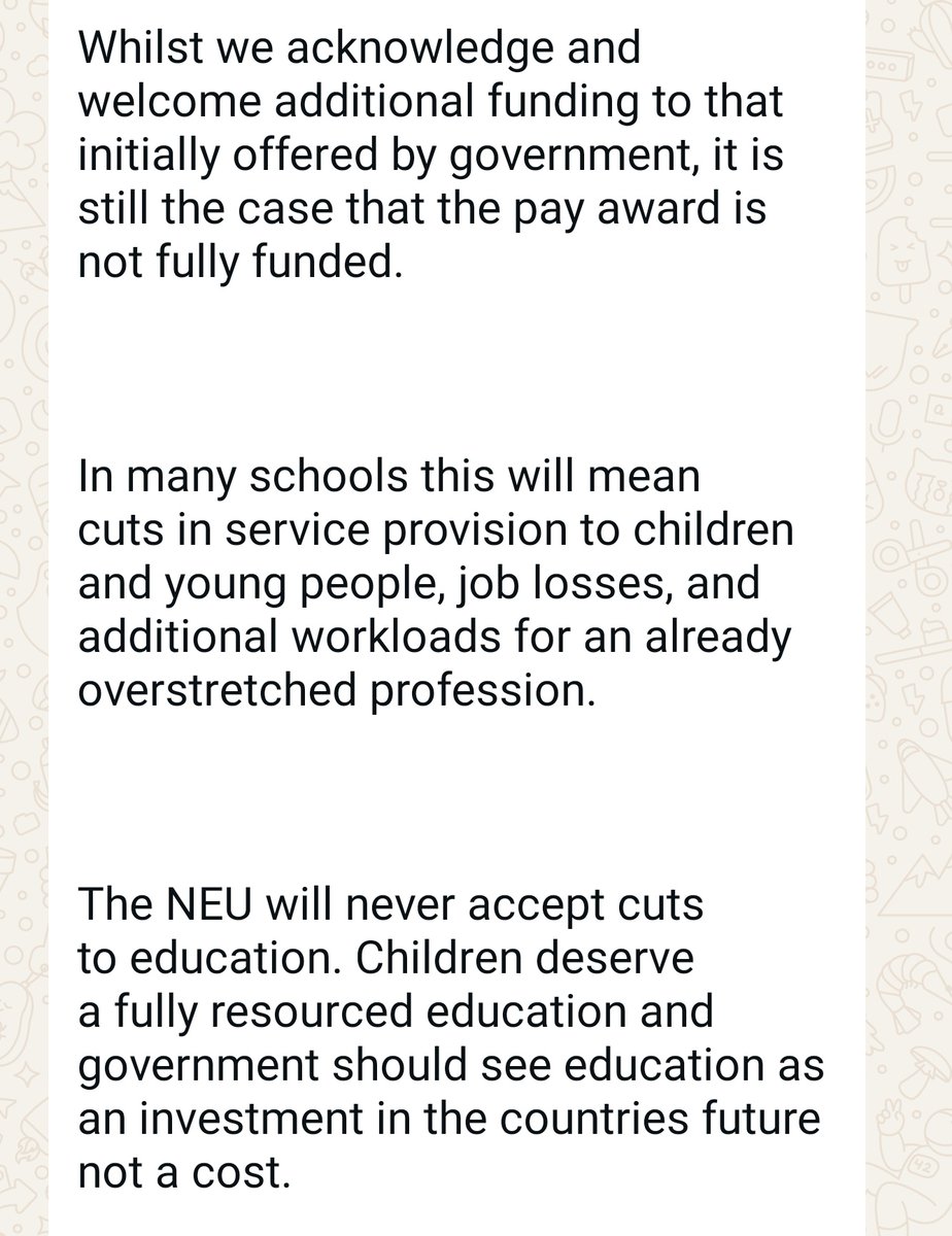 NEW: General Secretary of the National Education Union <a href="/DanielKebedeNEU/">Daniel Kebede</a> says the pay award for teachers (4%) is not fully funded and will mean cuts in many schools.

Warns that the union will register a dispute with the government unless it is fully funded.