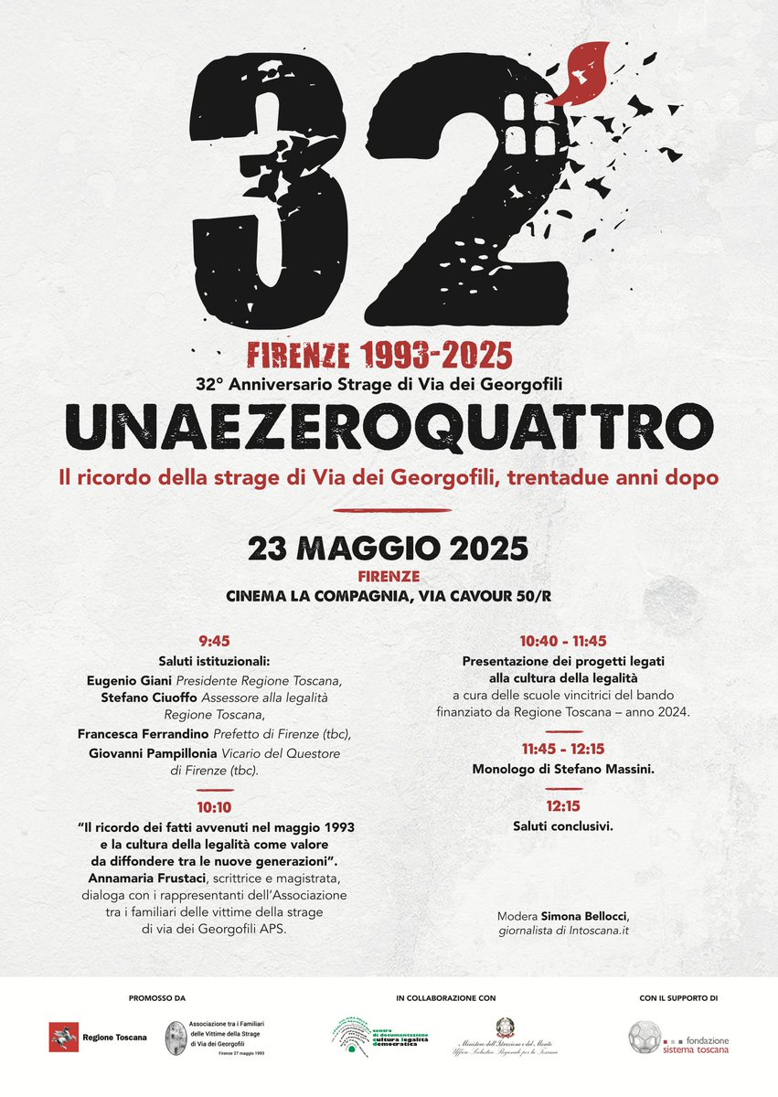 Strage dei Georgofili. Domani, 23 maggio, al Teatro de La Compagnia di Firenze, l’evento di Regione Toscana di commemorazione dell’attentato mafioso che il 27 maggio 1993 costò la vita a cinque persone bit.ly/unaezeroquattr…