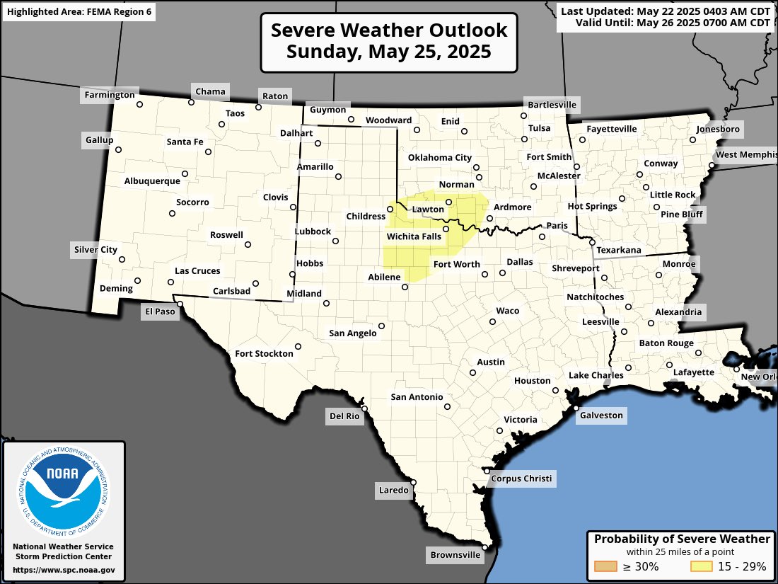 Severe storms are possible Sunday across northwest Texas and southwest Oklahoma, where strong instability and an uncapped environment could support scattered to widespread storms. A 15% risk is in place. Isolated severe storms may continue along a stalled front next week.