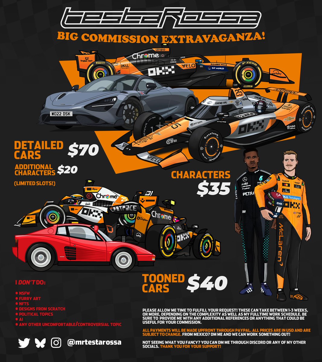 mrtestarossa's tweet image. hello my commissions are officially open! currently working full time so i will be limiting myself to about 4-5 slots, 2 for the big boy ones.
hit me up if you're interested! thanks! 🧡