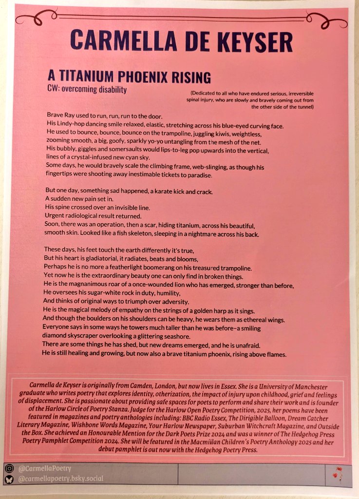 CarmellaPoetry's tweet photo. Here is a poem of mine about #overcomimgadversity
#injury
#reslience
#acceptance
#poemsaboutbravery
It's called 🦅🔥
'A TITANIUM PHOENIX RISING'
Thank you very much to Wishbone Words Magazine for publishing it. I struggled writing it, and the poem means a lot to me. Thank you.❤️ https://t.co/CArWK16ulf