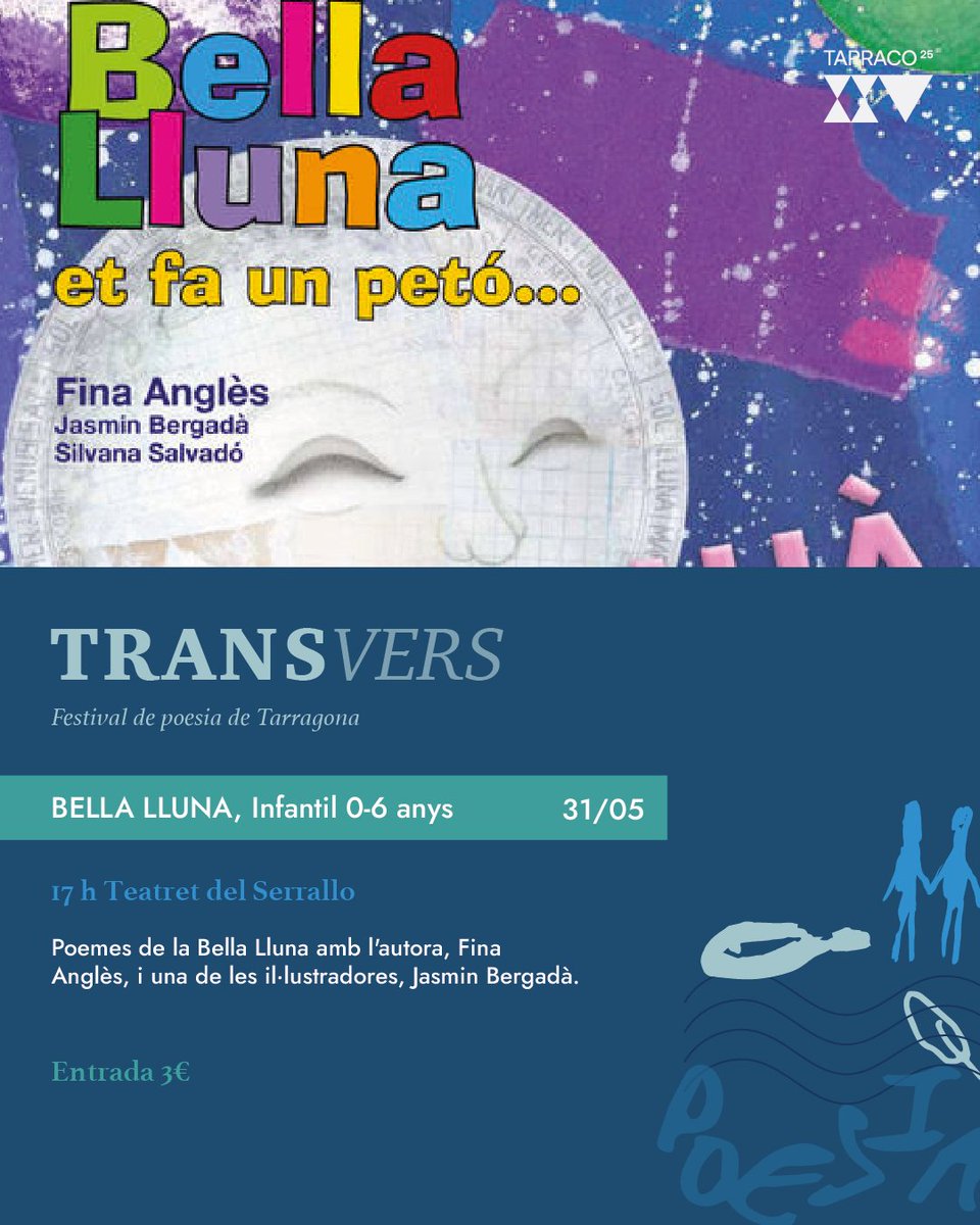 Transvers, Festival de Poesia Tarragona (@transverspoesia) on Twitter photo Bella Lluna 🌝 | Espectacle infantil 0-6 anys
Poemes de la Bella Lluna amb l’autora, Fina Anglès, i una de les il·lustradores, Jasmin Bergadà.
🗓 Dissabte 31 de maig a les 17 h
📍 <a href="/el_Teatret/">Teatret del Serrallo - Port de Tarragona</a> Bella Lluna 🌝 | Espectacle infantil 0-6 anys
Poemes de la Bella Lluna amb l’autora, Fina Anglès, i una de les il·lustradores, Jasmin Bergadà.
🗓 Dissabte 31 de maig a les 17 h
📍 <a href="/el_Teatret/">Teatret del Serrallo - Port de Tarragona</a>