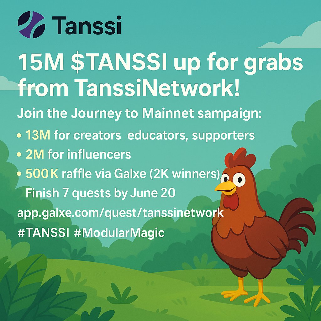 eyere_1's tweet image. 15M $TANSSI up for grabs from @TanssiNetwork!
Join the Journey to Mainnet campaign:

13M for creators, educators, supporters

2M for influencers

500K raffle via Galxe (2K winners)
Finish 7 quests by June 20
Start: app.galxe.com/quest/tanssine… 
#TANSSI #ModularMagic
