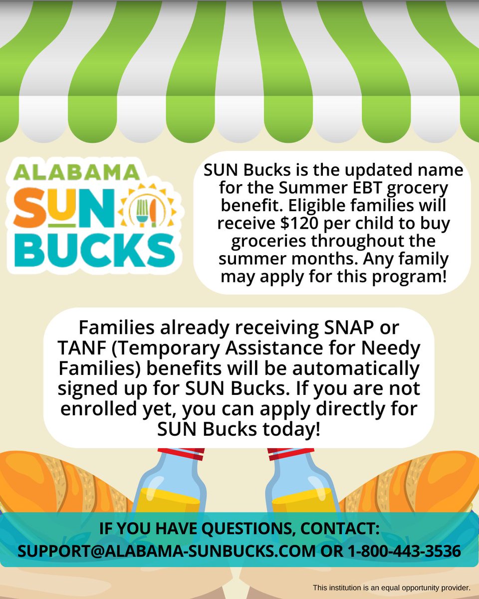 Summer groceries covered! 🍑 Apply for Alabama SUN Bucks and receive $120 per eligible child.

Questions? Email support@alabama-sunbucks.com or call 1-800-443-3536.

<a href="/AndalusiaCS/">Andalusia City Schools</a> #ALschools #AndalusiaCity #Covingtoncounty #CovingtonAlabama #CovingtonAL #ThatsWhy