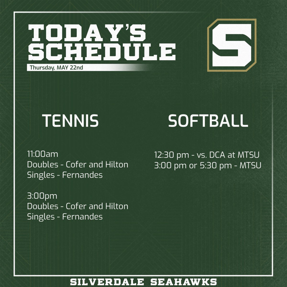 Day 3 of the Division II-A State Tournament Spring Fling. Girls Individual Tennis begins the day with Cofer and Hilton playing doubles and Fernandes competing in singles. Softball faces DCA in a State Championship Game. Grab your green/gold and head to State to cheer on our