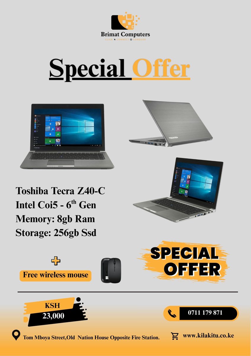 Ready to upgrade your tech? Grab your Toshiba Tecra New Arrivals at an affordable price Today.Call/WhatsAPP 0711 179 871 to make an order. Don't miss out on these deals!

 #ToshibaTecra #TechDeals #NewArrivals #LaptopSale