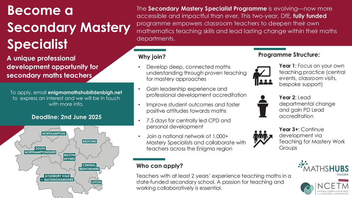 Do you have 2 years experience teaching maths in a state-funded secondary school?
Wanting to deepen your mathematics teaching skills and lead lasting change within your maths
department?

Then take a look at our fully funded programme to become Secondary Mastery Specialist!