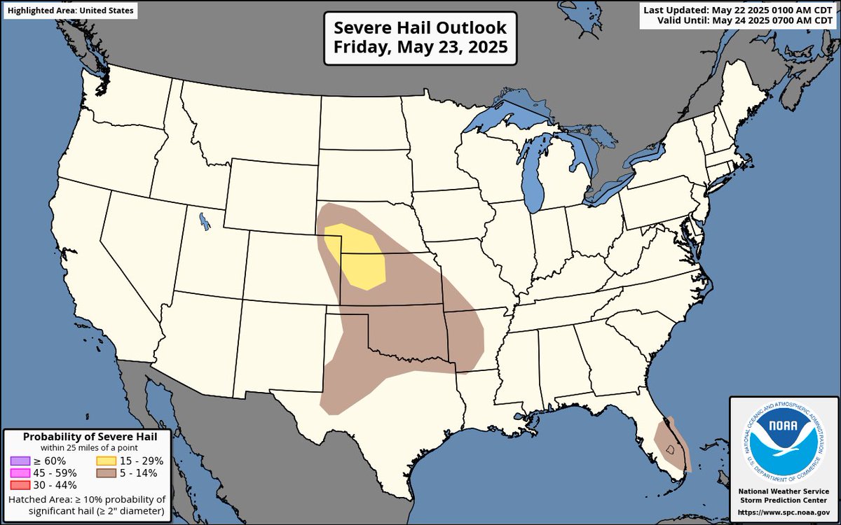 Severe storms are expected Friday across parts of the central Plains, especially NE CO, SW NE, and NW KS. Large hail and damaging winds are the main threats. Isolated severe storms are also possible in West TX and SE FL.