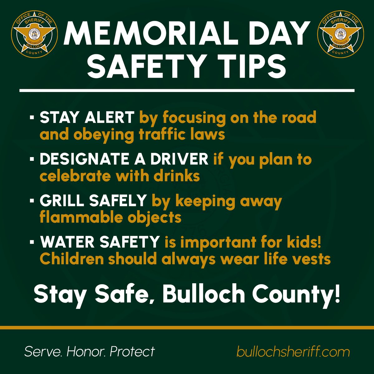 BullochSheriffs's tweet image. As we remember and honor our fallen heroes this Memorial Day, let’s also keep safety in mind:
🔹 Stay Alert: Whether you're driving to a BBQ or a memorial event, stay focused on the road and obey traffic laws.
🔹 Designate a Driver: If you plan to celebrate with drinks, make  ...