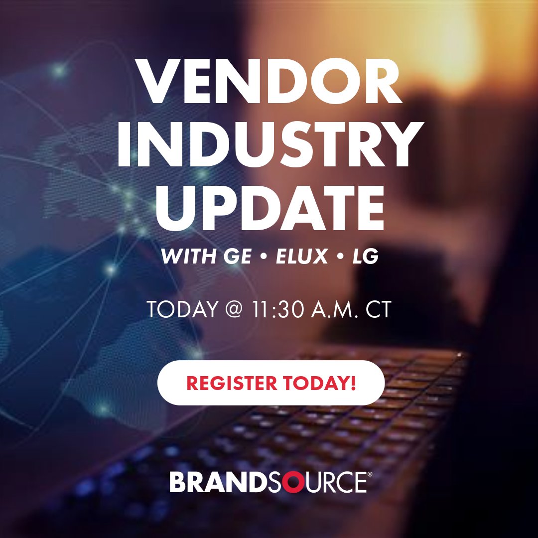 BrandSource's tweet photo. Our final Vendor Industry Update call goes live at 11:30am CT TODAY and this time, you’ll hear from a whole new lineup of vendor executives.

🎯 Check your email for details.

#BrandSource #ItsAboutTheMembers #FurnitureBuyingGroup #IndustryUpdate #GEAppliances #Electrolux #LG https://t.co/a2OEYuagXK
