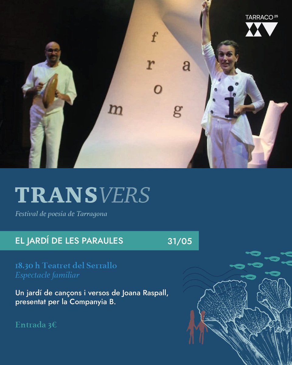 Transvers, Festival de Poesia Tarragona (@transverspoesia) on Twitter photo El Jardí de les paraules 🅱️
Un jardí de cançons i versos de #JoanaRaspall,
presentat per la Companyia B.
🗓Dissabte 31 de maig a les 18.30 h
📍 <a href="/el_Teatret/">Teatret del Serrallo - Port de Tarragona</a> El Jardí de les paraules 🅱️
Un jardí de cançons i versos de #JoanaRaspall,
presentat per la Companyia B.
🗓Dissabte 31 de maig a les 18.30 h
📍 <a href="/el_Teatret/">Teatret del Serrallo - Port de Tarragona</a>
