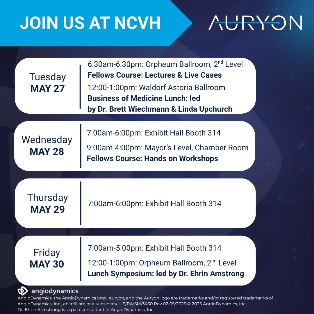 The Auryon Atherectomy System (@auryonpad) on Twitter photo Join us at #NCVH2025! We're looking forward to a full week of engaging sessions, expert perspectives, and meaningful conversations.
Visit the Auryon System at Booth 314.
Learn more ▶️ auryon-system.com
<a href="/NCVHonline/">New Cardiovascular Horizons</a>
#TheAuryonSystem
Risk Info: auryon-system.com/risk-informati… Join us at #NCVH2025! We're looking forward to a full week of engaging sessions, expert perspectives, and meaningful conversations.
Visit the Auryon System at Booth 314.
Learn more ▶️ auryon-system.com
<a href="/NCVHonline/">New Cardiovascular Horizons</a>
#TheAuryonSystem
Risk Info: auryon-system.com/risk-informati…