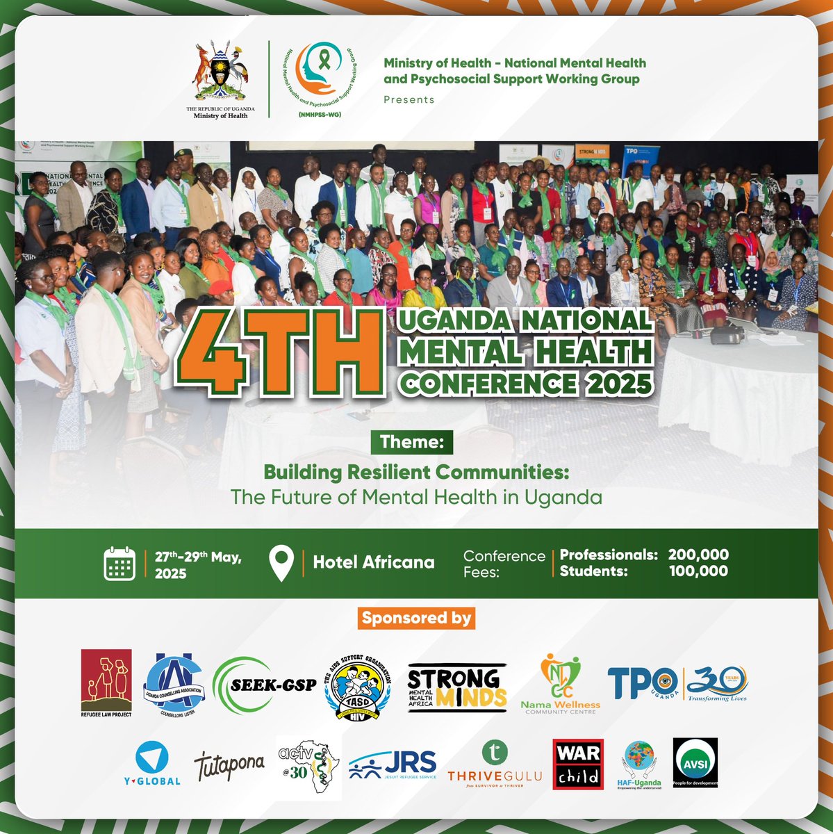Uganda Counselling Association (UCA) (@counsellingug) on Twitter photo Grateful thanks to our sponsors for supporting the Uganda National Mental Health Conference 2025🙏💚
Your contributions are making a difference. We look forward to more partners joining us in promoting mental wellbeing.
<a href="/nmhpsswg/">Mental Health & Psychosocial Support Working Group</a> <a href="/TpoUg/">TPO Uganda</a> <a href="/MakeStrongMinds/">StrongMinds</a> <a href="/Tutapona/">Tutapona</a> <a href="/refugeelawproj/">Refugee Law Project</a> Grateful thanks to our sponsors for supporting the Uganda National Mental Health Conference 2025🙏💚
Your contributions are making a difference. We look forward to more partners joining us in promoting mental wellbeing.
<a href="/nmhpsswg/">Mental Health & Psychosocial Support Working Group</a> <a href="/TpoUg/">TPO Uganda</a> <a href="/MakeStrongMinds/">StrongMinds</a> <a href="/Tutapona/">Tutapona</a> <a href="/refugeelawproj/">Refugee Law Project</a>