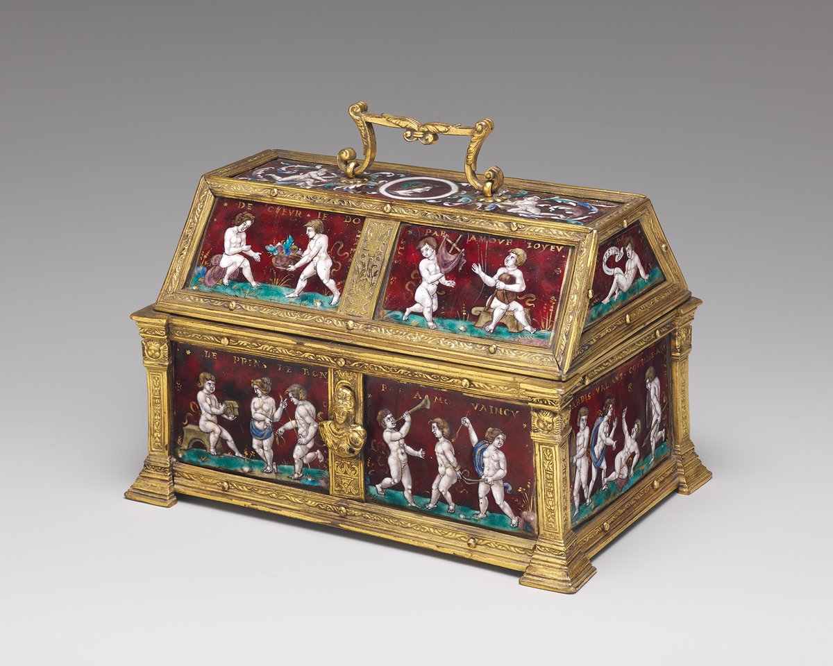 The chubby little figures on this chest are known as “putti” (an Italian word for “cherubs”) and are a common theme in classical art.

Attributed to Colin Nouailher, Chest featuring putti and mottoes of courtly love, Painted enamel on copper, <a href="/frickcollection/">The Frick Collection</a> 
#AntiqueOfTheDay