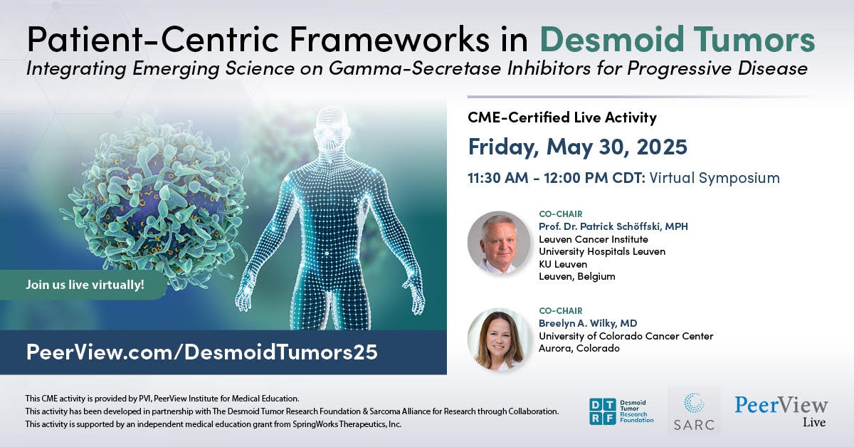 DTRFoundation's tweet image. The DTRF is proud to partner with @PeerView &amp;amp; @SARCtrials for a live/virtual symposium on #desmoid tumors during the 2025 #SARC meeting!
 

📅 May 30 | ⏰ 11:30 AM CDT | 📍Chicago (and virtually)
🔬 Topic: GSIs &amp;amp; Patient-centric Frameworks
 
🔗 Register: bit.ly/DT25-T