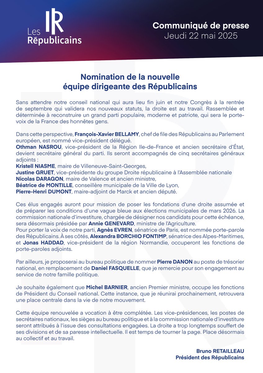 🔴 Communiqué de presse des Républicains sur la nomination de sa nouvelle équipe dirigeante ⤵️