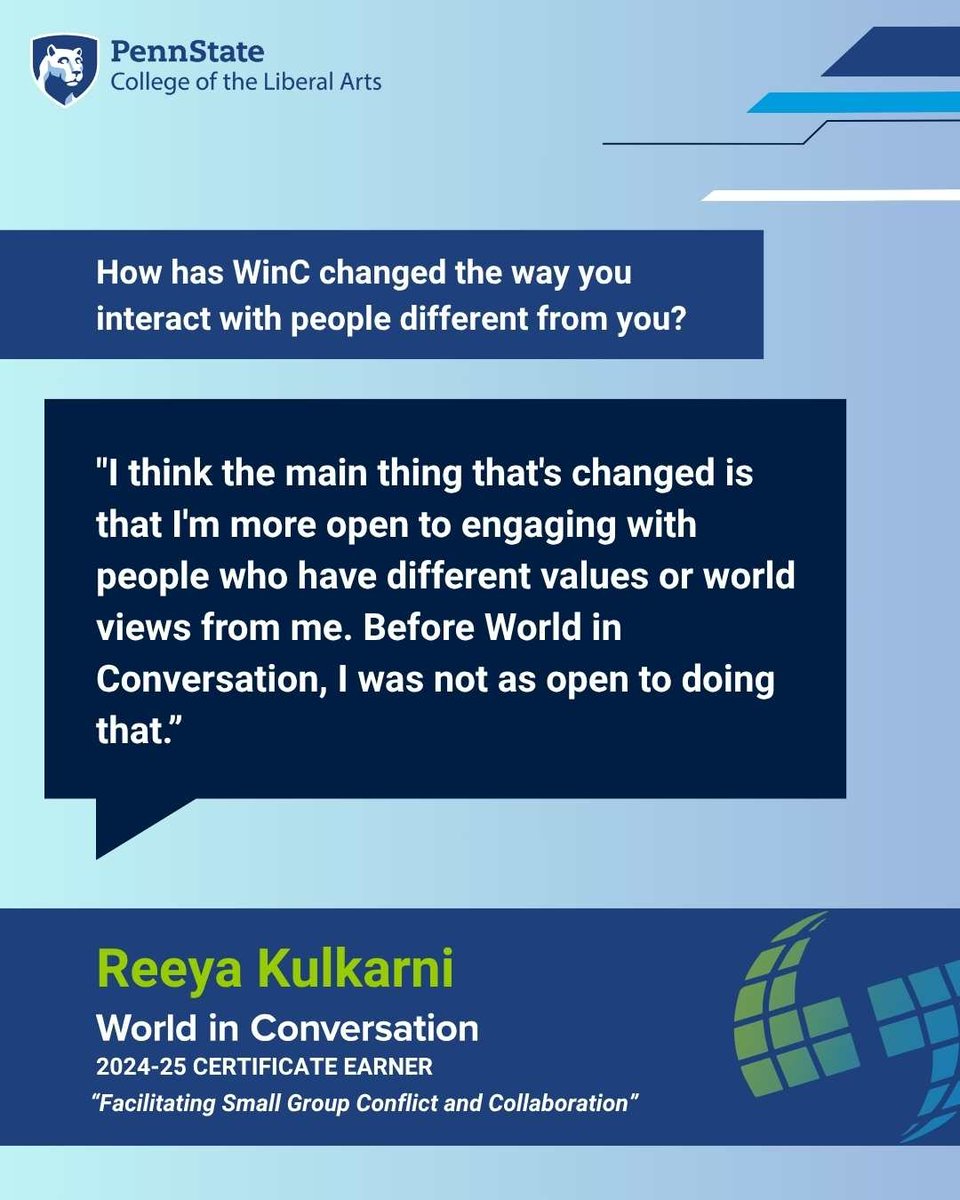 Meet Reeya—graduating with a degree in Marketing and Legal Environment of Business, and a #WinC certificate in Facilitating Small Group Conflict and Collaboration.
~150 hours of facilitation practicum = a standout skill set for leading effective collaboration across divides.