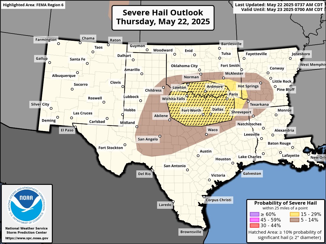 A Slight Risk is in place today for parts of northern Texas &amp; southern Oklahoma. Scattered thunderstorms are expected this afternoon &amp; evening, with the potential for large hail over 2 inches in diameter &amp; damaging winds.