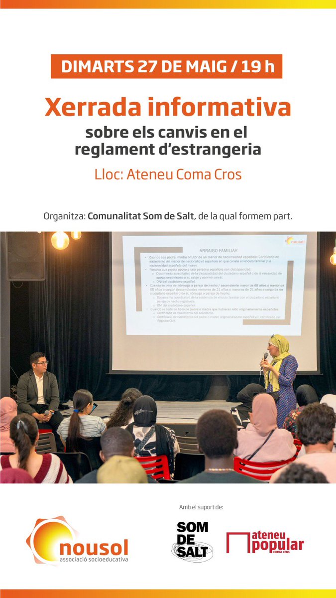 NouSol ONG (@nousolorg) on Twitter photo Xerrada informativa
Sobre els canvis en el reglament d’estrangeria.
🗓️DIA 27 de maig / 19 h
Ateneu Coma Cros de Salt
<a href="/somdesalt/">Som de Salt</a> Xerrada informativa
Sobre els canvis en el reglament d’estrangeria.
🗓️DIA 27 de maig / 19 h
Ateneu Coma Cros de Salt
<a href="/somdesalt/">Som de Salt</a>