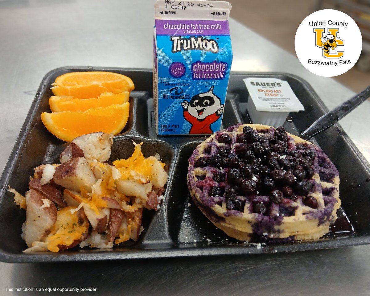Today's breakfast was waffles with warm blueberry topping and syrup, breakfast potatoes, orange slices, and chocolate milk! ☀️

📸: Kathryn Adams

<a href="/ucsdsc/">UCSDSC</a> #DoingGreatThingsUCSD #UnionSC #UnionSouthCarolina #Union #SCschools #UnionCounty #BuzzworthyEats