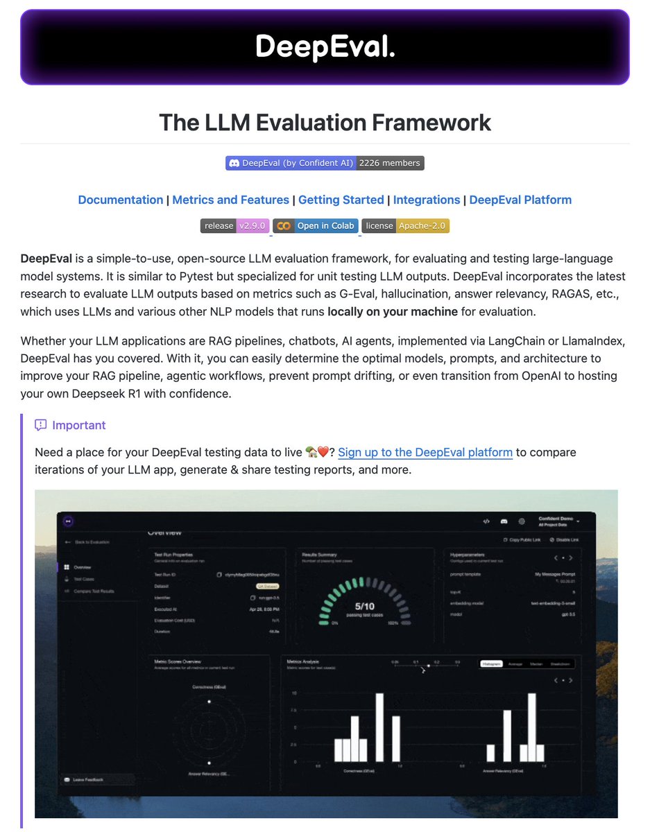 Pytest for LLM Apps!

DeepEval turns LLM evaluation into a two-line test suite, helping you identify the best models, prompts, and architecture for your AI workflow.

Works with any framework, including LlamaIndex, Langchain, CrewAI, and more.

100% open-source, runs locally.
