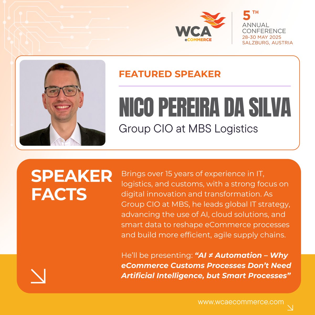 We’re pleased to welcome Nico Pereira, Group CIO at MBS Logistics, as a featured speaker at the 5th WCA eCommerce Conference! Subject: "AI ≠ Automation – Why eCommerce Customs Processes Don’t Need Artificial Intelligence, but Smart Processes" Register: ow.ly/VMCq50VUAhR