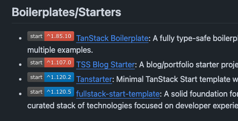 Balastrong's tweet image. I added a badge to display the TanStack Start version and keep it up to date automatically for starters in the awesome list
Feel free to add yours with a PR!
github.com/Balastrong/awe…