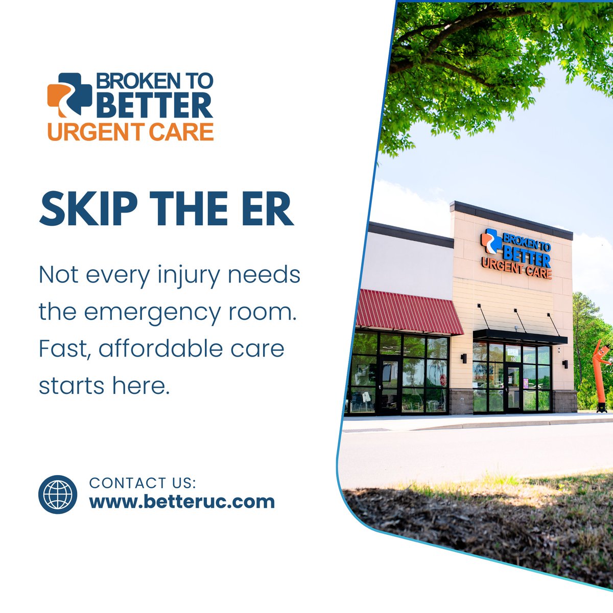 BrokenToBetter's tweet photo. At Broken to Better Urgent Care, we treat minor injuries like sprains, cuts, burns, and more — without the long wait or high cost of an ER visit. Walk in any day of the week and get the care you need, fast. Our experienced team is here to help you heal comfortably and quickly. https://t.co/Zr11ke8aWZ