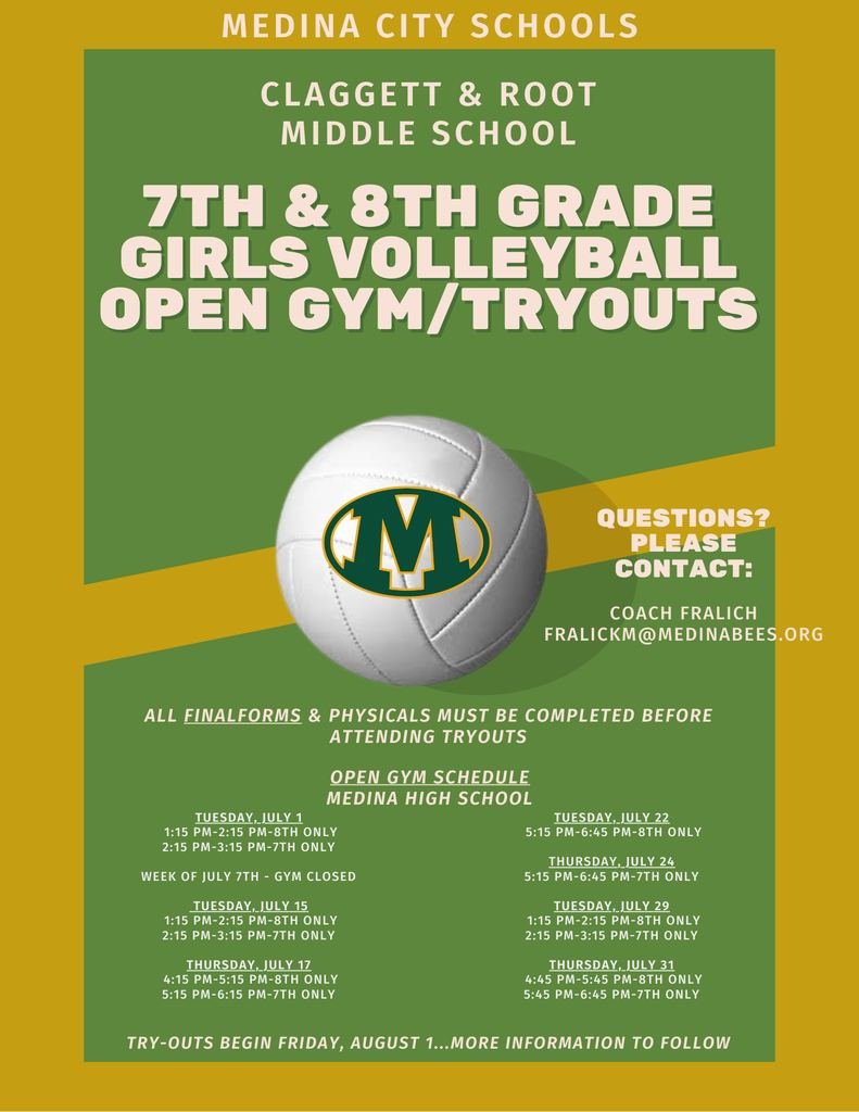 Claggett MCS (@claggettmcs) on Twitter photo Attention 2025-26, 7th and 8th Grade Girls! Email the Coach with any questions. Also make sure you have everything completed in Final Forms and a Completed Physical! <a href="/medinaathletics/">Medina Athletics</a> <a href="/MedinaBoosters/">MedinaBoosters</a> <a href="/FinalForms/">FinalForms</a> Attention 2025-26, 7th and 8th Grade Girls! Email the Coach with any questions. Also make sure you have everything completed in Final Forms and a Completed Physical! <a href="/medinaathletics/">Medina Athletics</a> <a href="/MedinaBoosters/">MedinaBoosters</a> <a href="/FinalForms/">FinalForms</a>