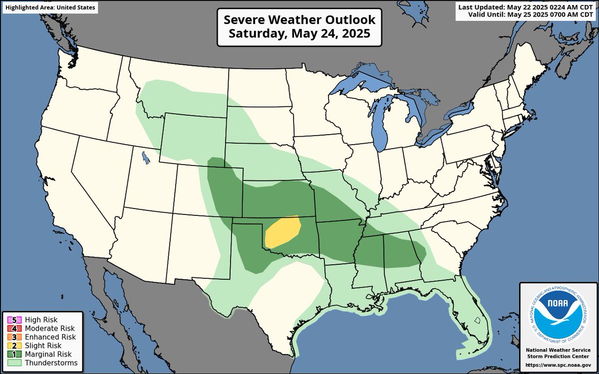 Severe storms are likely across northwest Oklahoma on Saturday, with supercells capable of very large hail, damaging winds, and perhaps a tornado or two. Additional strong storms are possible from the High Plains to the Southeast.