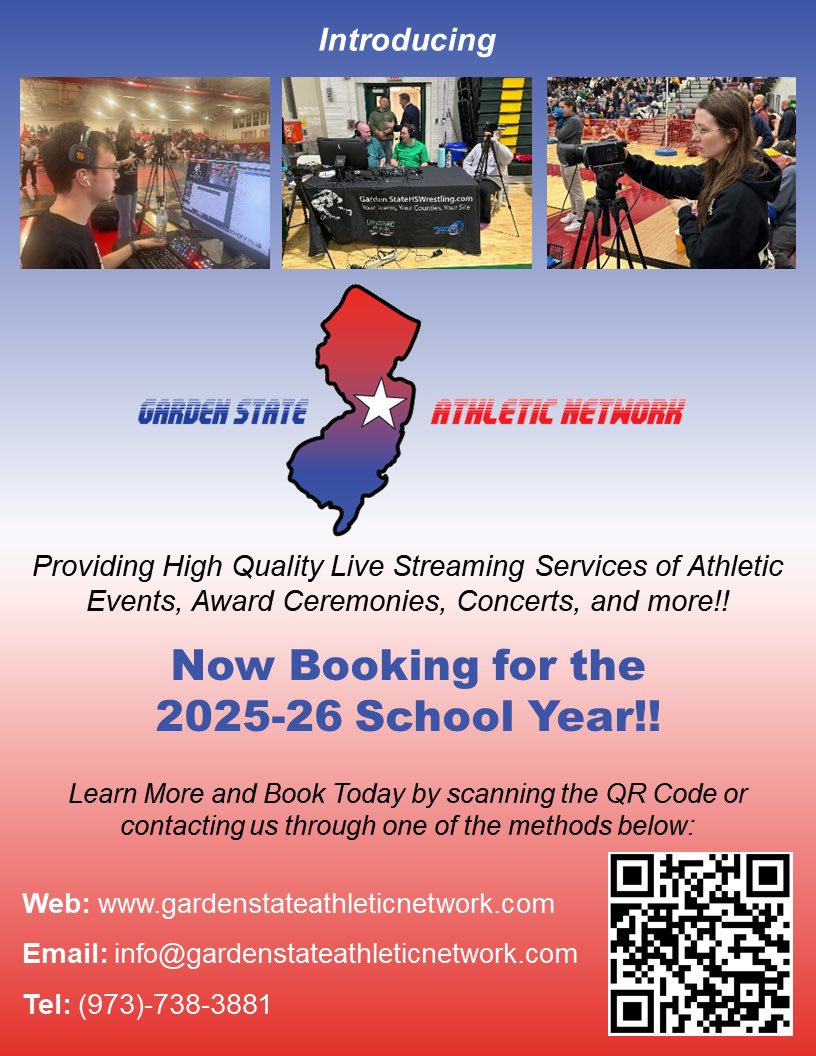 📅 The GSAN is NOW BOOKING for Event/ Game Live Streams and Wrestling Tournaments for the 2025-26 School Year. Learn about how our team can help make your next game, presentation, or tournament shine!!

Visit our website to learn more/ get a quote: gardenstateathleticnetwork.com/services/