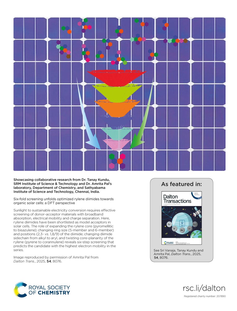DaltonTransactions (@daltontrans) on Twitter photo Be sure to read recent work by Sri Vanaja, Tanay Kundu and Amrita Pal on using DFT to find optimized rylene diimides towards organic solar cells, as seen on this week's inside back cover💡
pubs.rsc.org/en/content/art…
📍<a href="/SRM_Univ/">SRM Institute of Science and Technology</a> and <a href="/SathyabamaSIST/">SathyabamaOfficial</a> Be sure to read recent work by Sri Vanaja, Tanay Kundu and Amrita Pal on using DFT to find optimized rylene diimides towards organic solar cells, as seen on this week's inside back cover💡
pubs.rsc.org/en/content/art…
📍<a href="/SRM_Univ/">SRM Institute of Science and Technology</a> and <a href="/SathyabamaSIST/">SathyabamaOfficial</a>