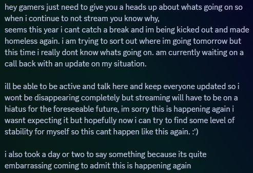 thatnerdTy's tweet photo. as embarrassing as it is to admit this is happening for the 2nd time this year i do need to keep you guys updated on what's going on

i am being kicked out and made homeless again so if i seem to be taking a massive hiatus from streaming/ making content this is why

im sorry :') https://t.co/jVwuuEMKfM