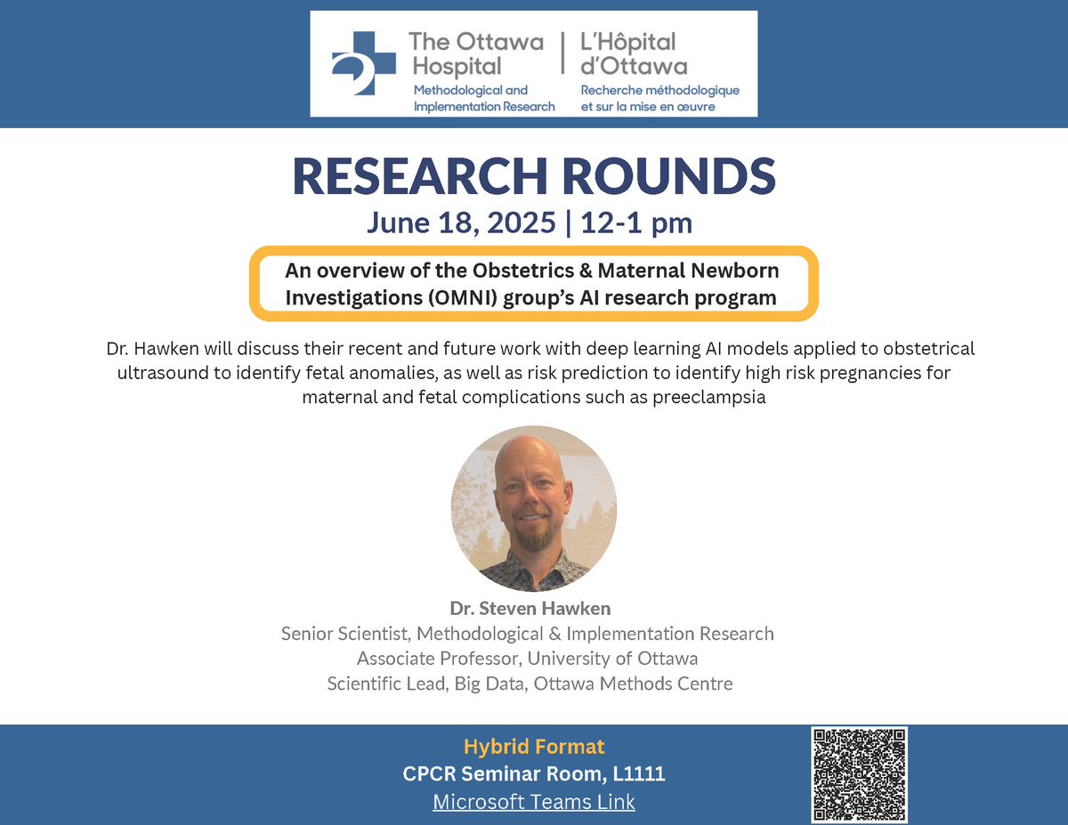 Ottawa Methods Centre (@ottmethodscentr) on Twitter photo Mark your calendar for <a href="/stevenhawken/">Steven Hawken</a>'s presentation titled 'An overview of the Obstetrics & Maternal Newborn Investigations (OMNI) group’s AI research program'.
🗓️June 18/25
🕙12 pm – 1 pm ET
🗺️Hybrid – Centre for Practice Changing Research, Seminar Room L1111 & Teams Mark your calendar for <a href="/stevenhawken/">Steven Hawken</a>'s presentation titled 'An overview of the Obstetrics & Maternal Newborn Investigations (OMNI) group’s AI research program'.
🗓️June 18/25
🕙12 pm – 1 pm ET
🗺️Hybrid – Centre for Practice Changing Research, Seminar Room L1111 & Teams